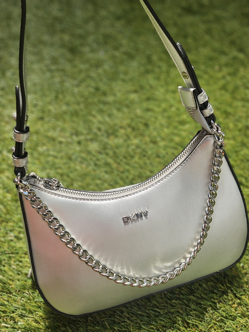 DKNY Silver Metallic Chain-Accent Shoulder Bag